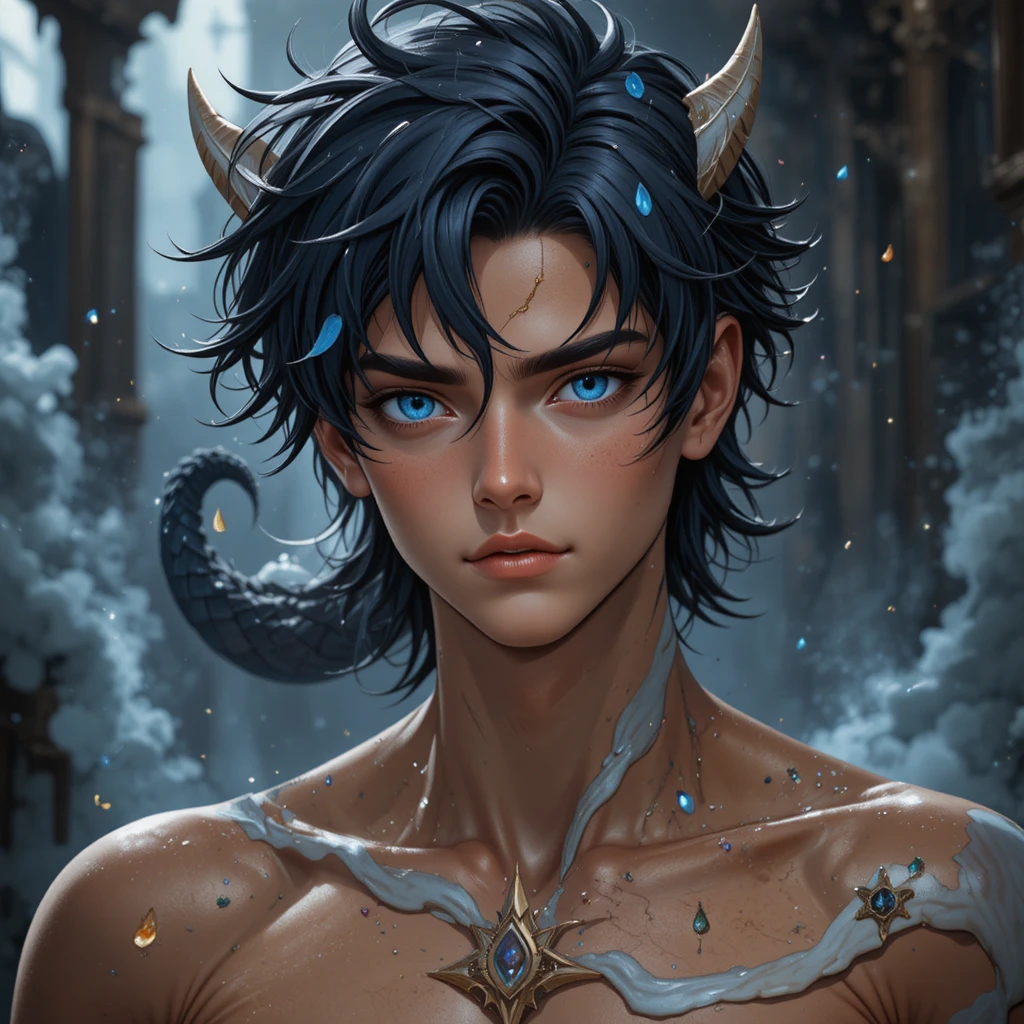 Dunkelhäutiger junger Mann mit Drachenhörnern im Fantasy-Anime-Stil