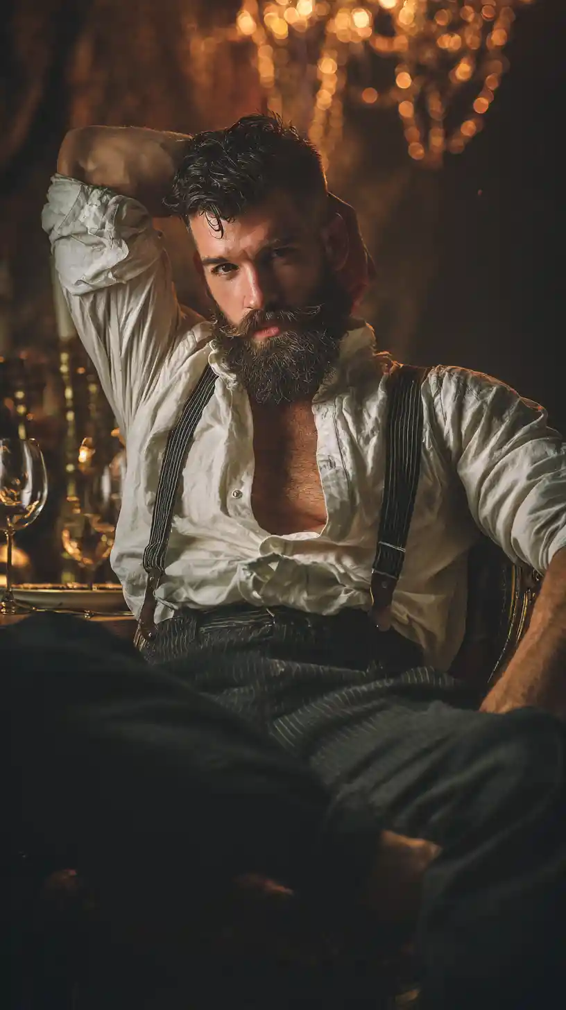 Bearded sailor posing at outdoor french summer cafe