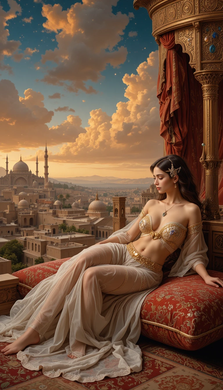 Sinnliche Frau auf rotem Kissen in orientalischem Interieur