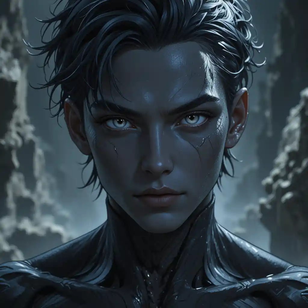 Dark primordial god with black skin and gray eyes