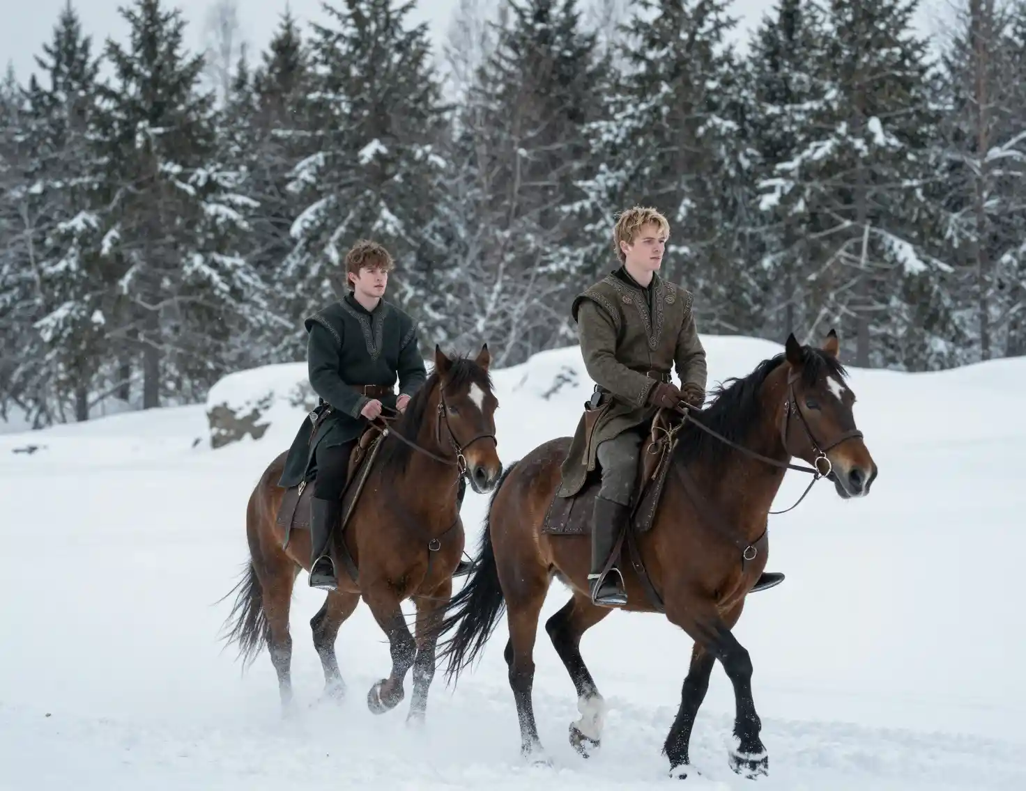 Two young men riding through deep snow by a forest