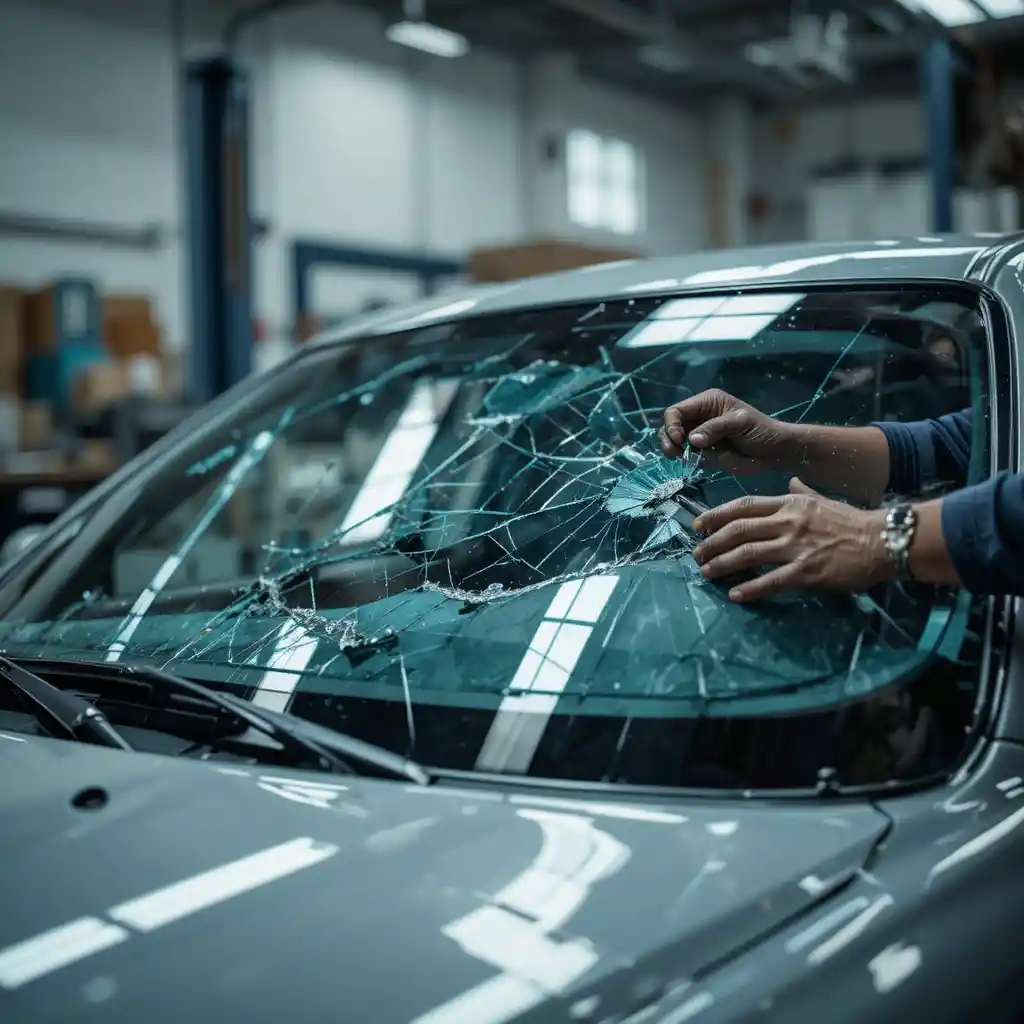Car Mechanic Replacing Shiny Windshield In Auto Workshop