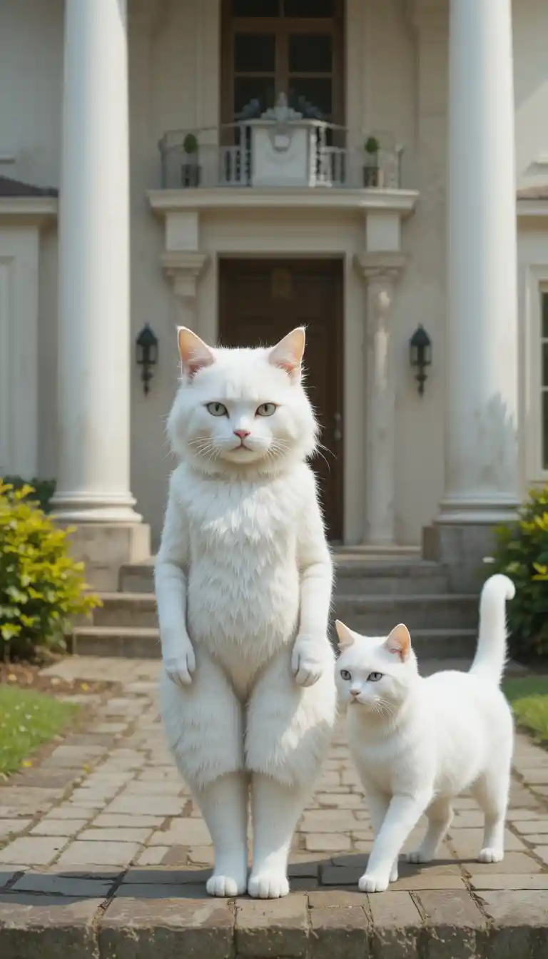 Sad anthropomorphic white cat outside a luxury house