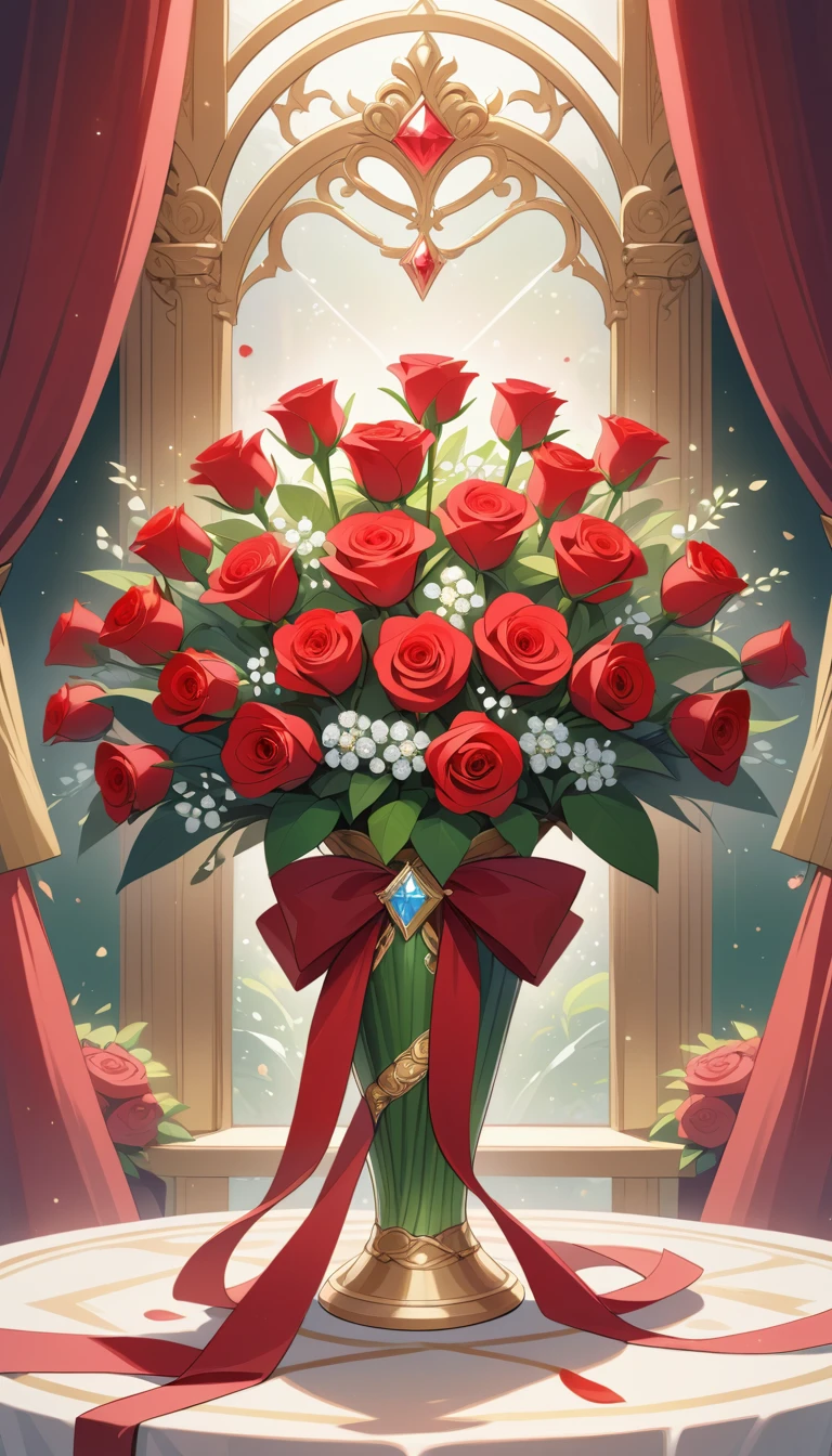 Elegant red rose bouquet with gold and diamond accents
