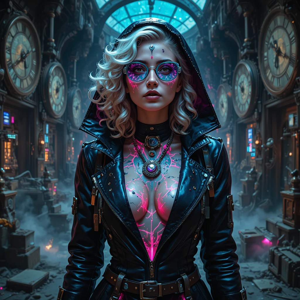 Donna cyberpunk nell’interno distrutto di una macchina del tempo