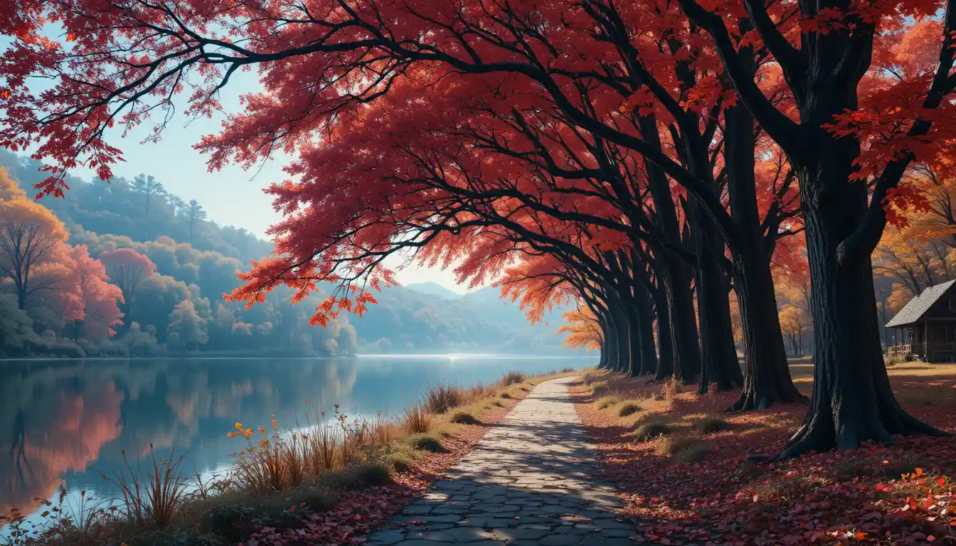 Sentiero surreale nel bosco lungo il lago che porta a una baita