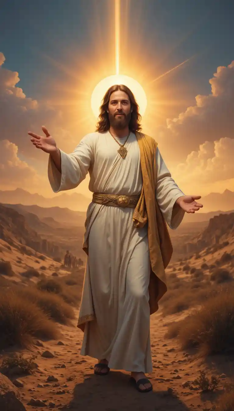 Jesus offering a gentle blessing in a glowing desert sunset