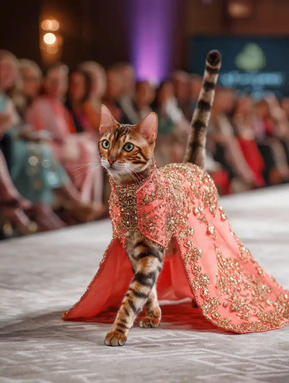 Bengal cat in coral gown striding down bright runway