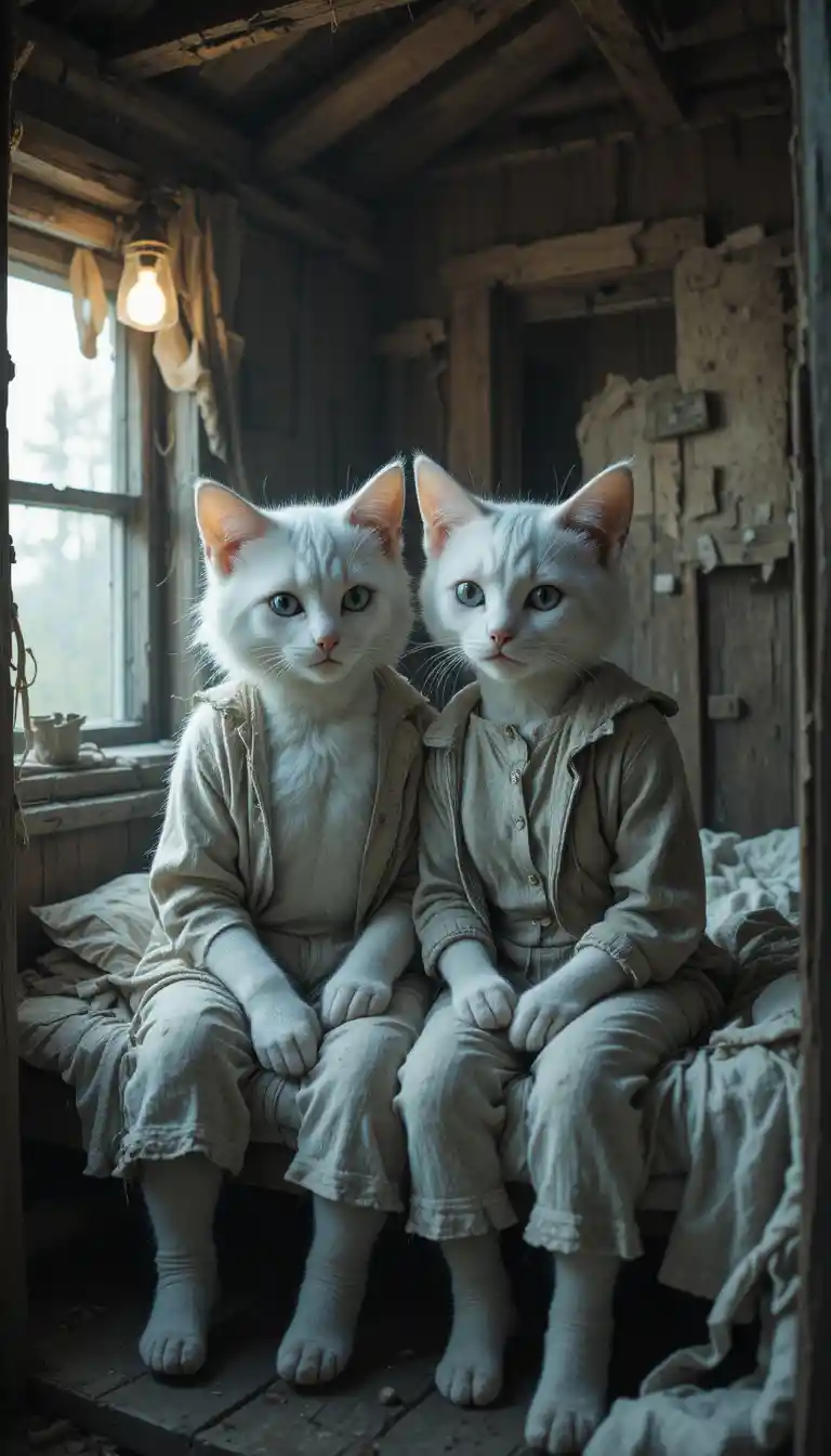 Two white cat people sharing a small bed in lamplight