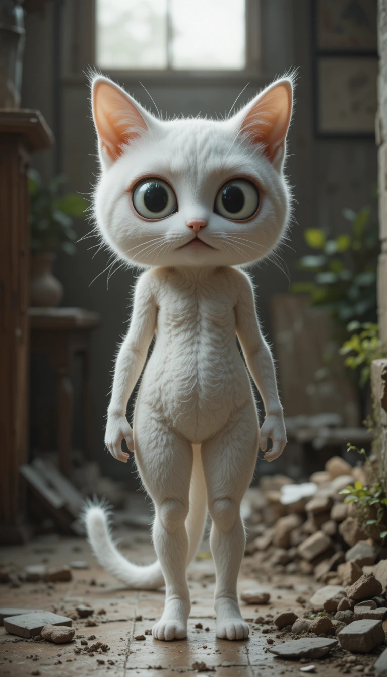 Anthropomorphic white cat woman shocked by a broken home