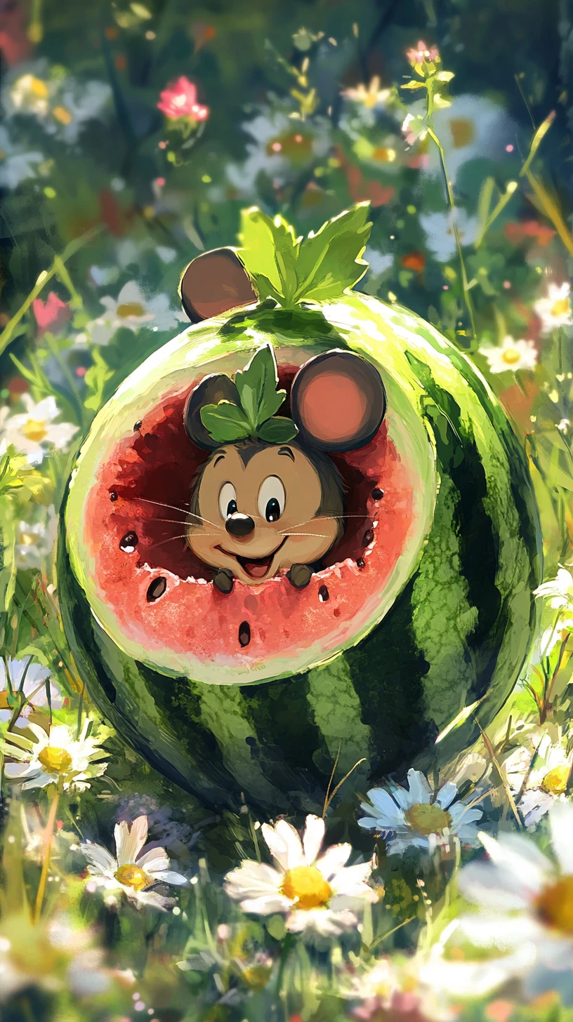 Lächelnde Wassermelone mit kleiner Maus im Wildblumenfeld