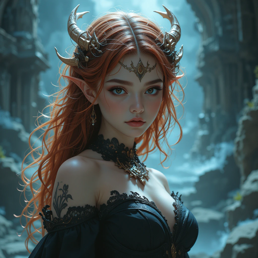 Ragazza fantasy dai capelli rossi con occhi neri e orecchie da elfo
