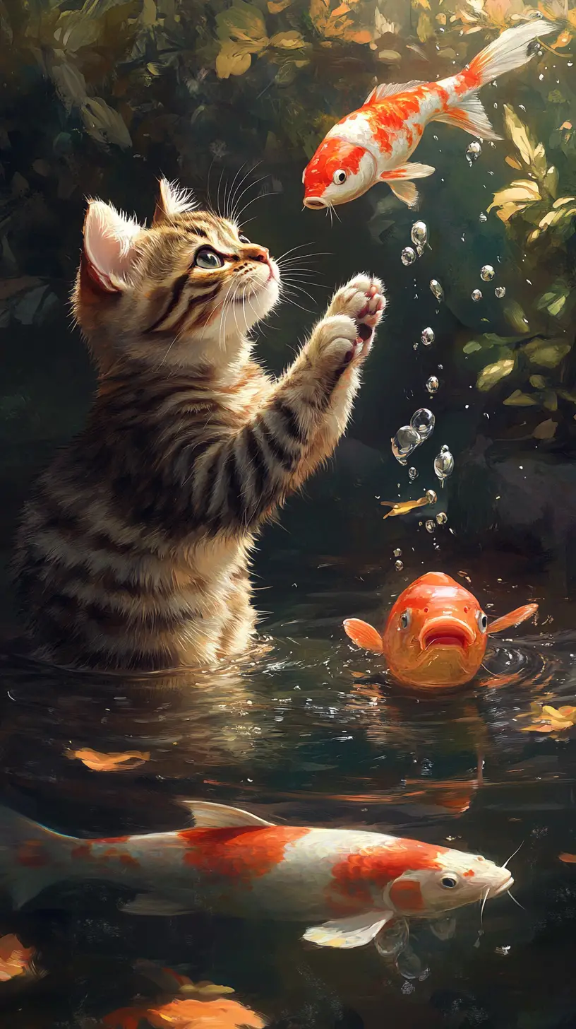 Chat tigré attrapant des koi dans un paisible étang fantastique