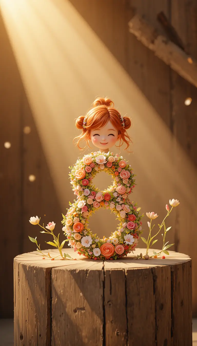 Smiling red haired girl by floral number eight on wood