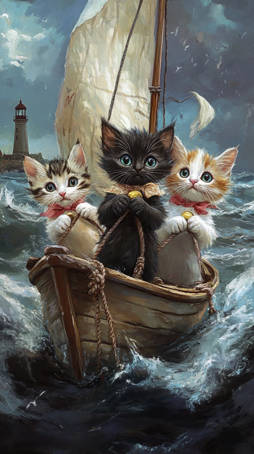 Kittens Dressed As Sailors Steering A Boat At Sea
