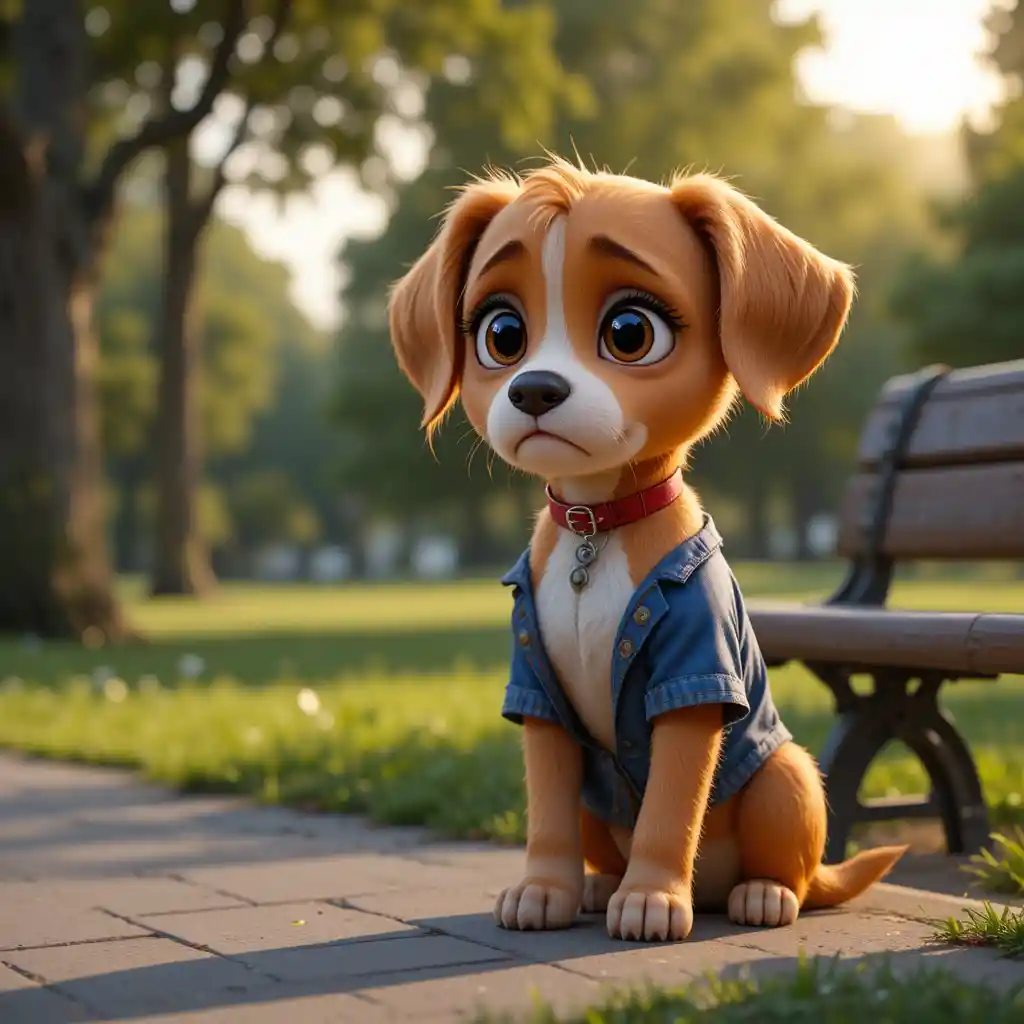 Sad puppy in torn blue shirt sitting by a park bench