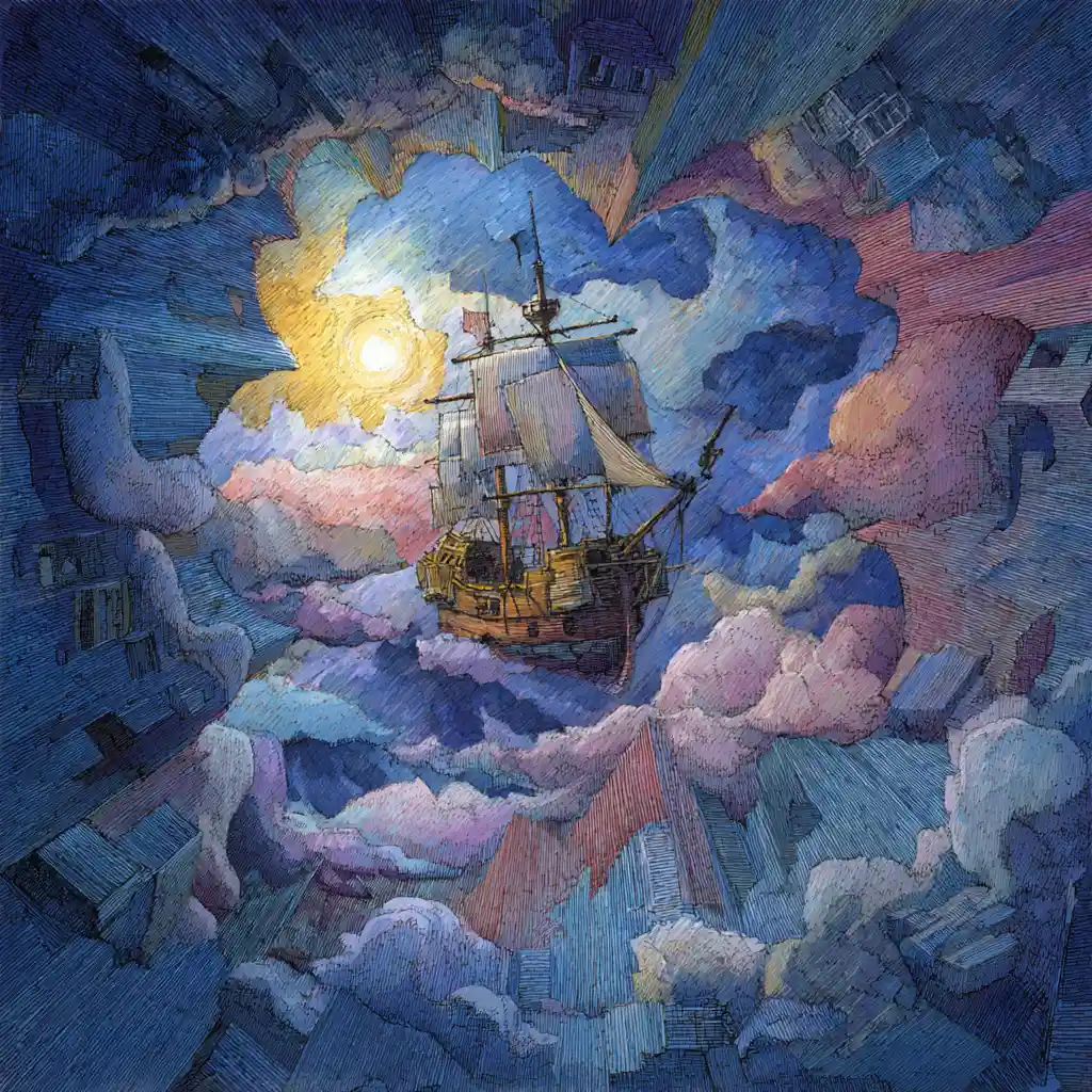 Surreal pirate journey through a cathedral of clouds