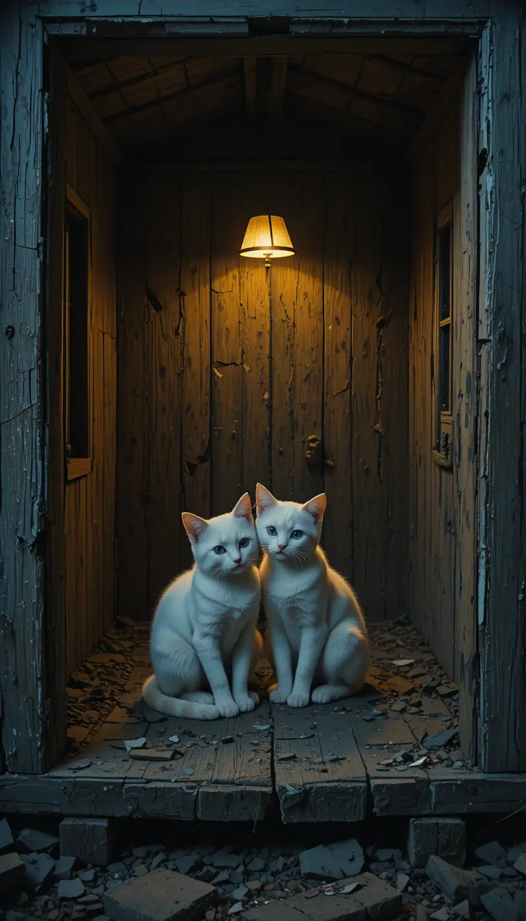 Two white cats in a broken wooden house at night