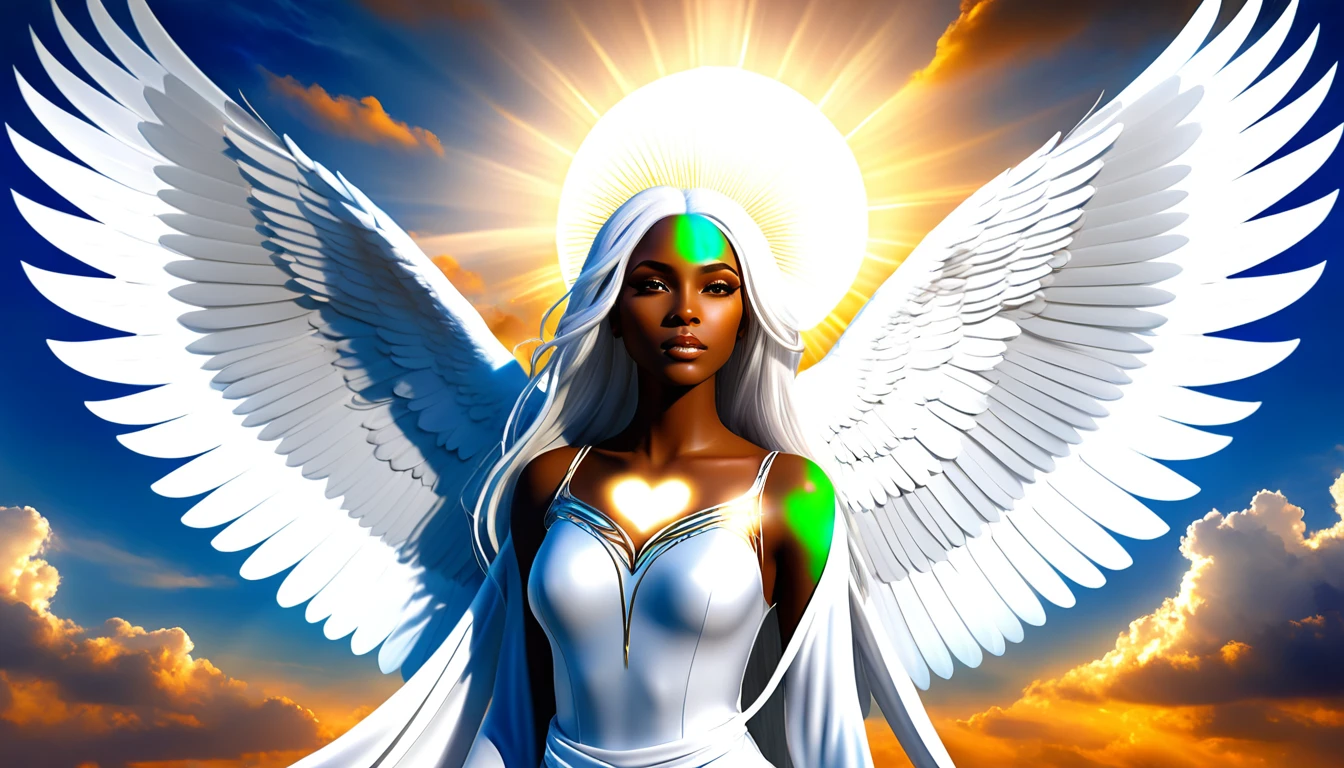 Ethereal angelic woman with white wings in heavenly light