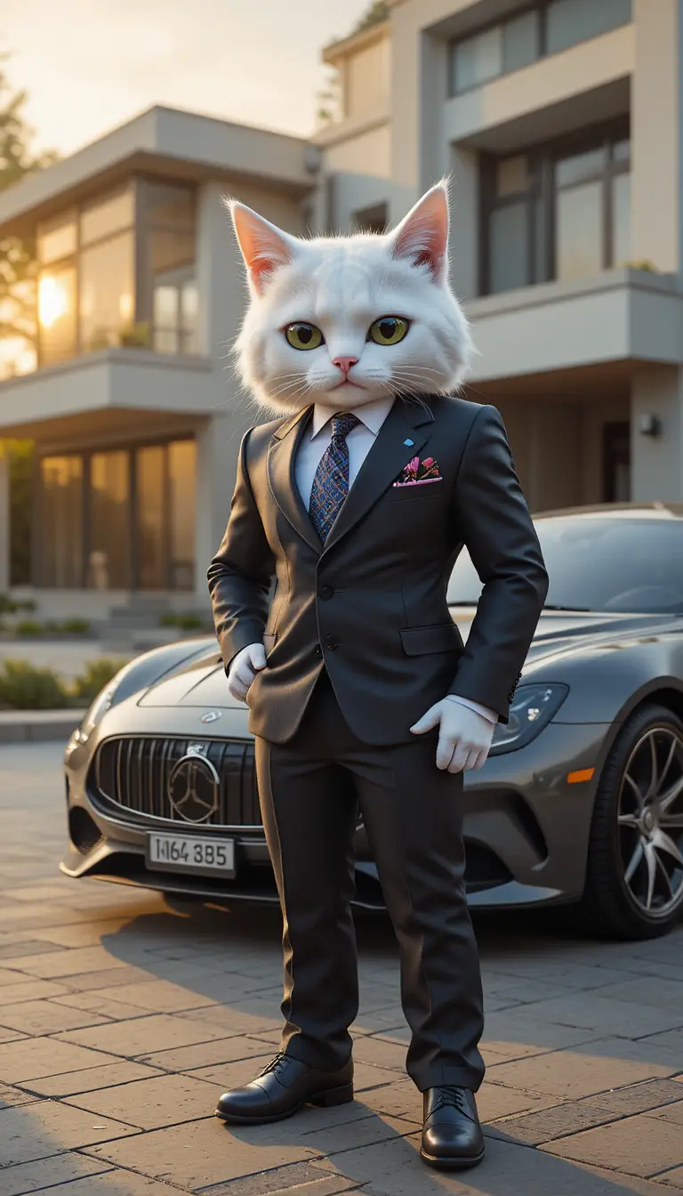 Confident white cat in suit beside luxury car and mansion