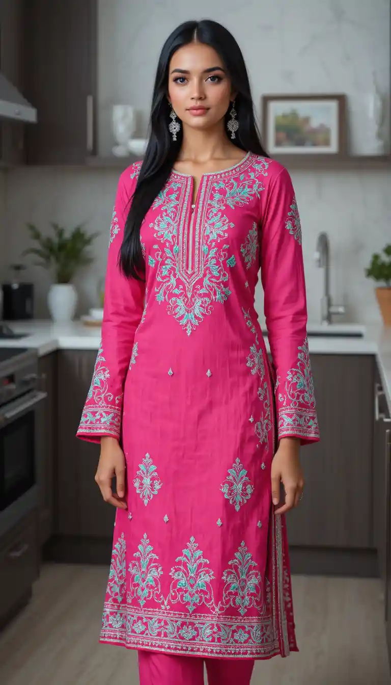 Young woman in pink salwar kameez in modern kitchen