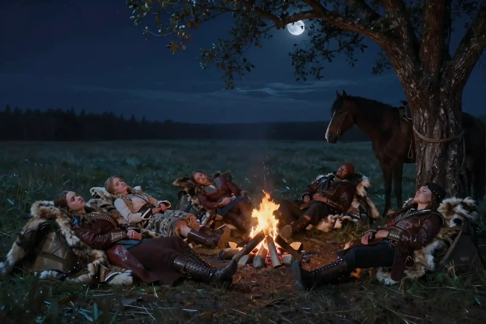 Friends sleeping by a campfire under a starry night sky