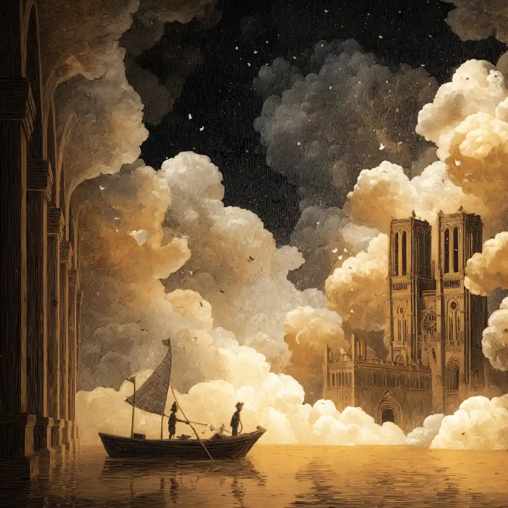 Surreal pirate journey through a floating cathedral of clouds