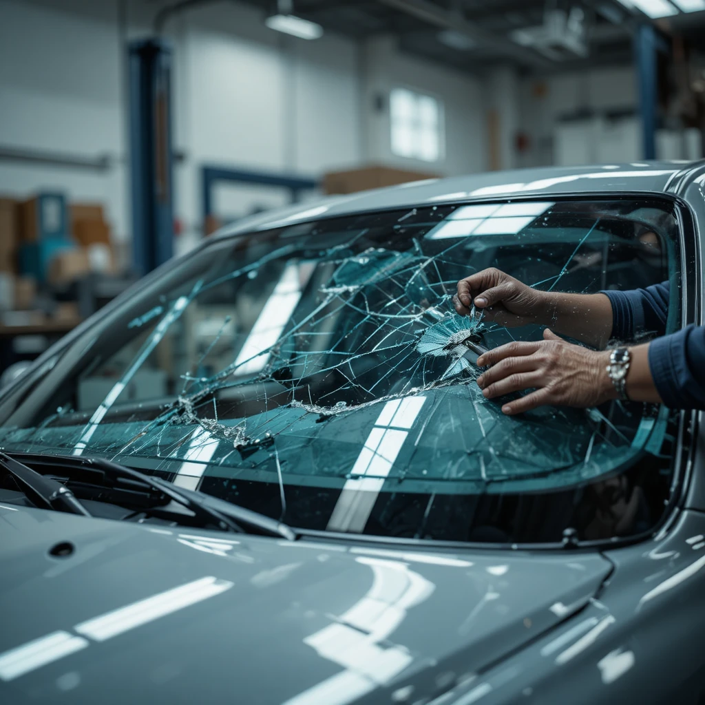 Car Mechanic Replacing Shiny Windshield In Auto Workshop