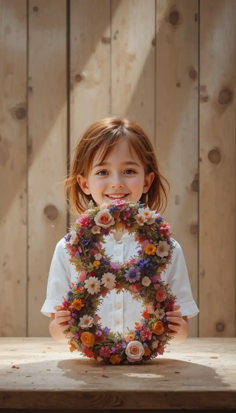 Fillette rousse souriante avec un chiffre huit floral