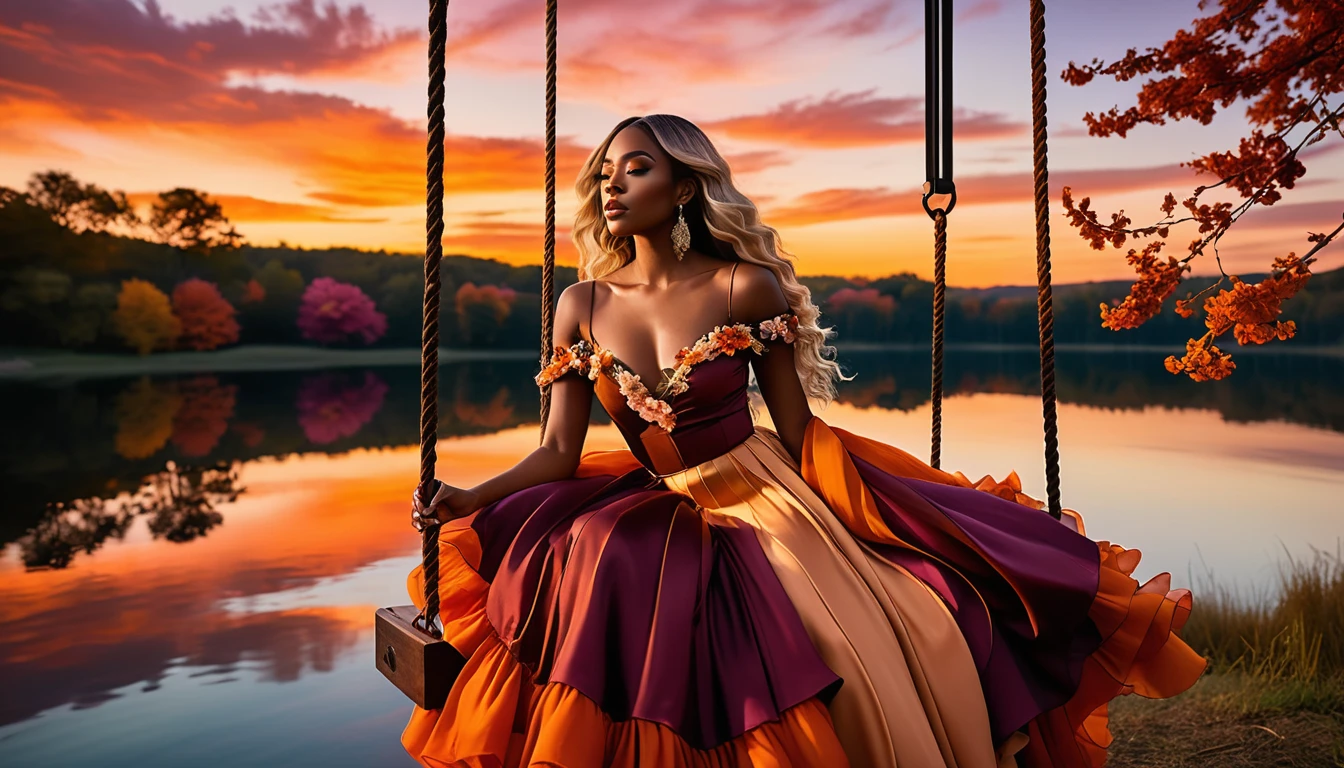 Femme élégante sur une balançoire florale au-dessus d’un lac au coucher du soleil