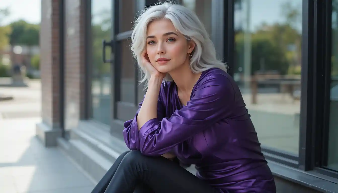 Stylish older woman in shiny purple top outdoors