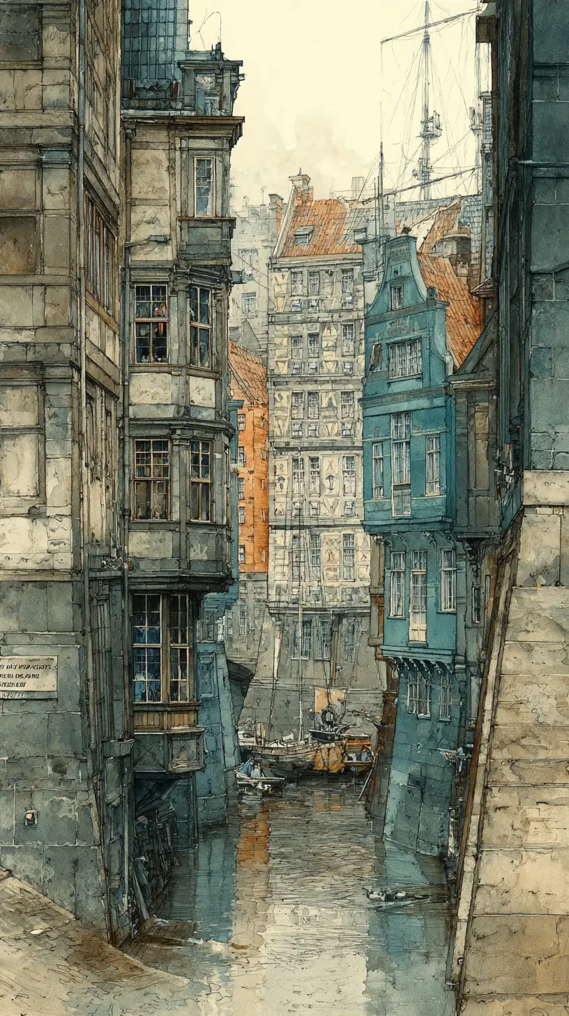 Early 20th century Hamburg harbor in watercolor tones