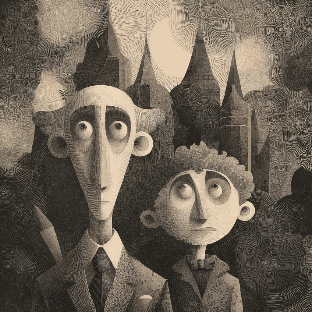 Chicos surrealistas explorando una catedral flotante de nubes