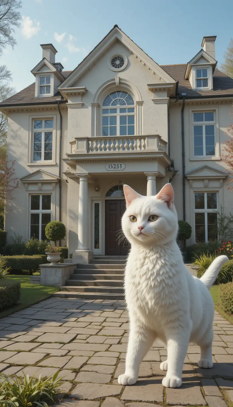 Anthropomorphic white cat woman outside a luxury house