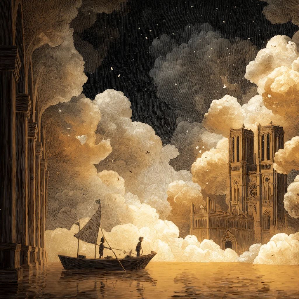Surreal pirate journey through a floating cathedral of clouds