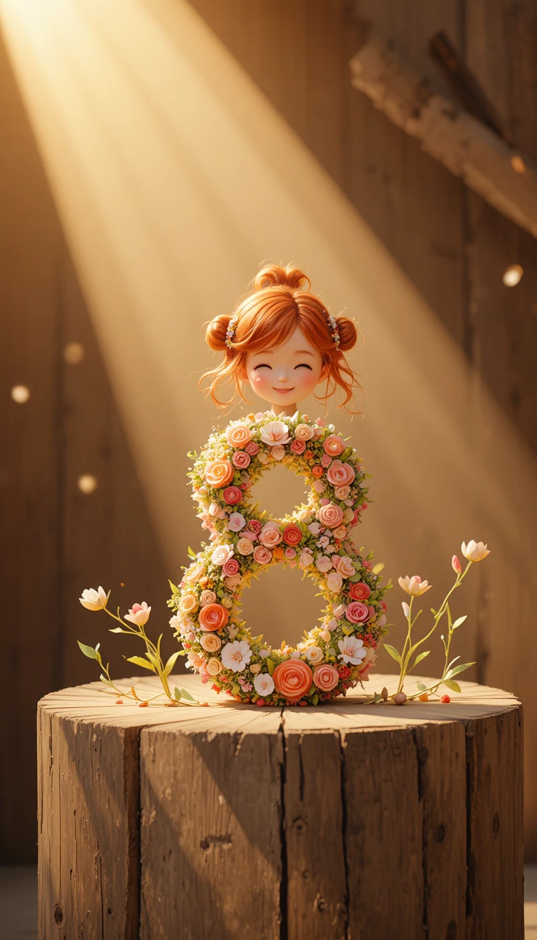 Smiling red haired girl by floral number eight on wood