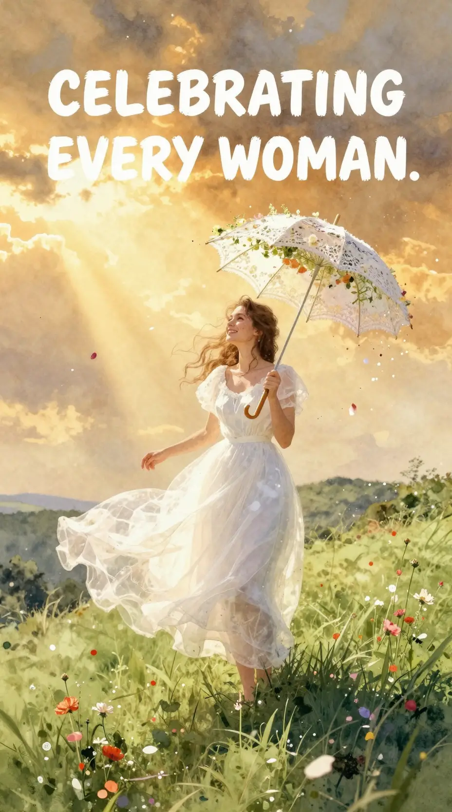 Watercolor girl with floral parasol on a green hill