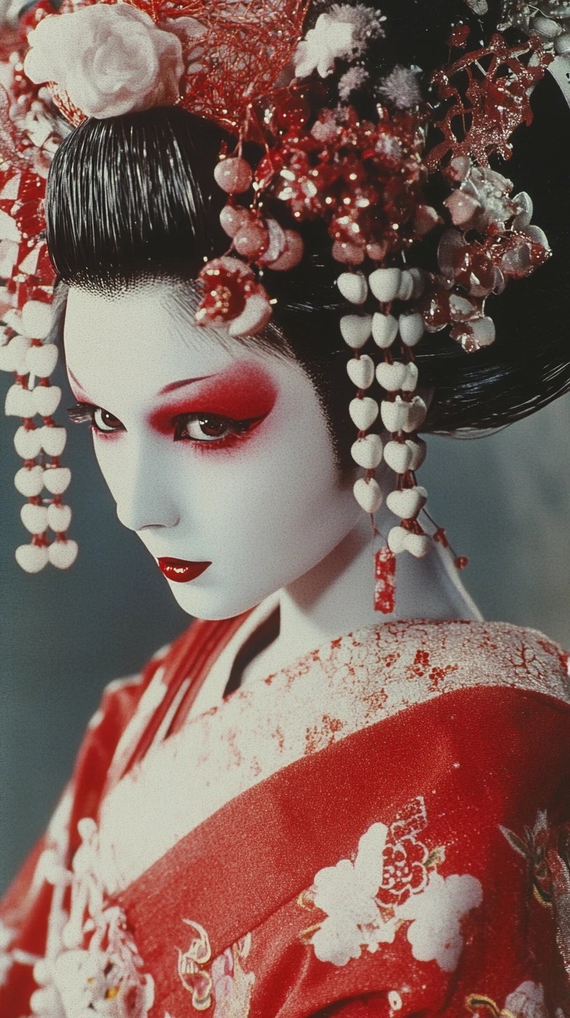 Realistic geisha doll in ornate red kimono portrait
