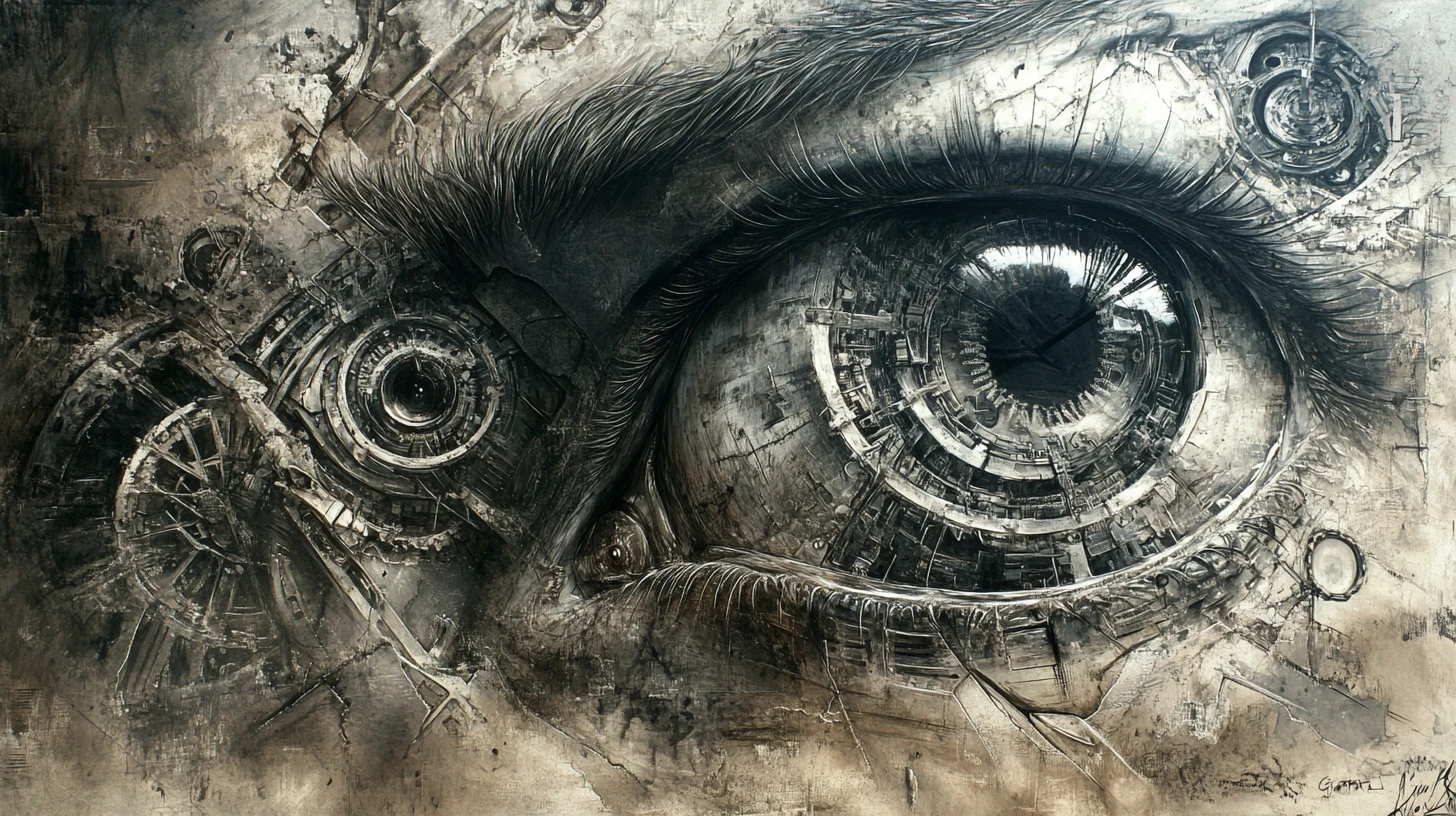 Occhi a ingranaggi surreali in un disegno a carboncino astratto e infuocato