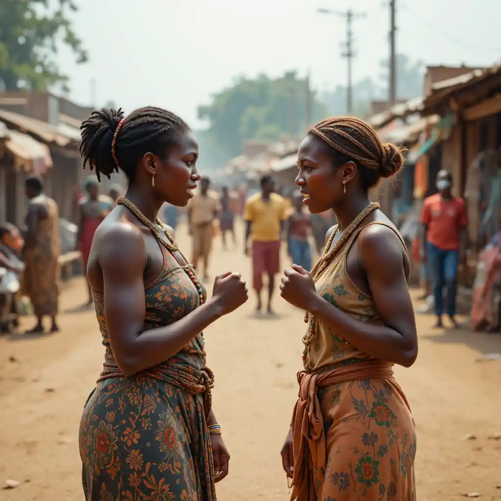 Mulheres africanas irritadas discutindo em uma rua empoeirada da aldeia