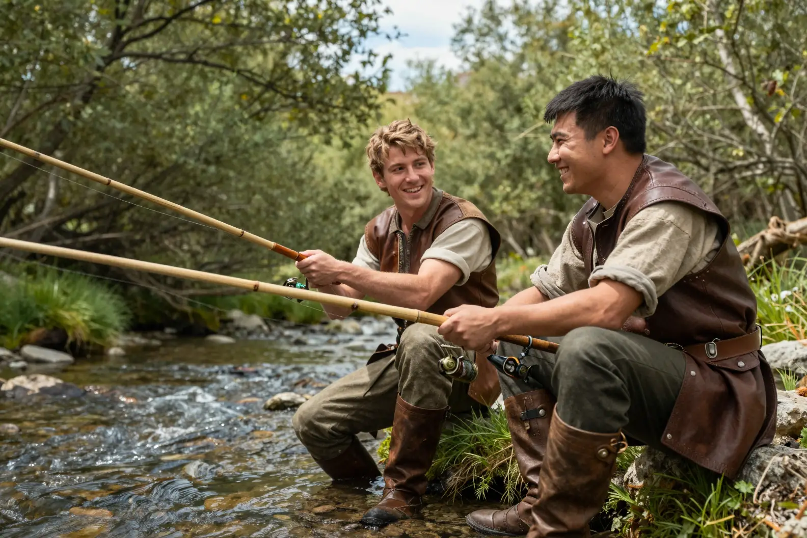 Two young men fishing at a sunny forest creek