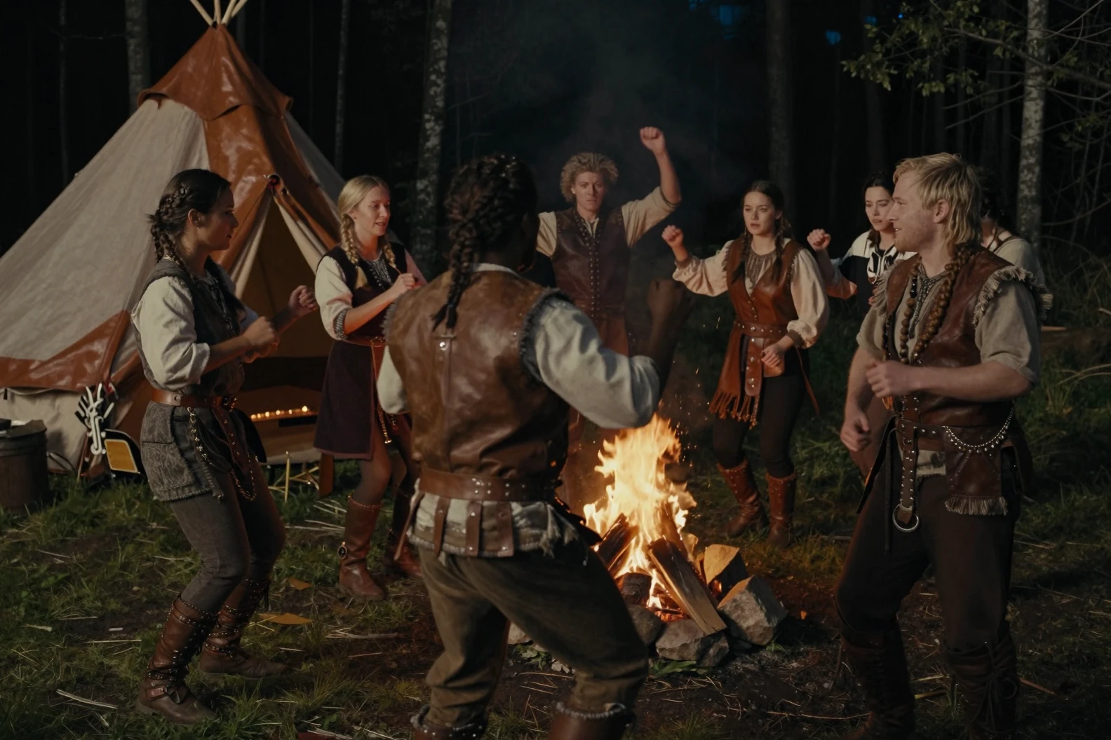 Amigos bailando alrededor de una fogata en un bosque oscuro