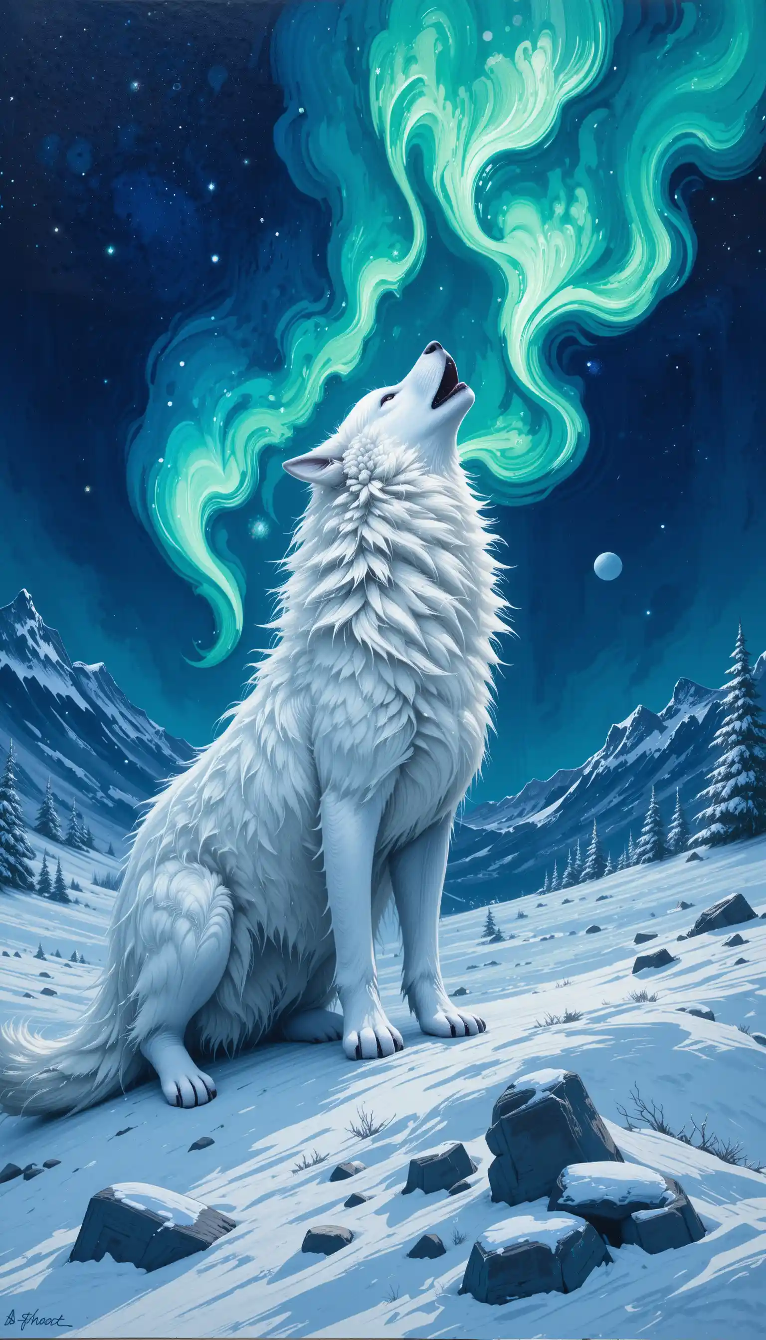 Weißer Wolf heult unter leuchtendem Nordlicht-Himmel