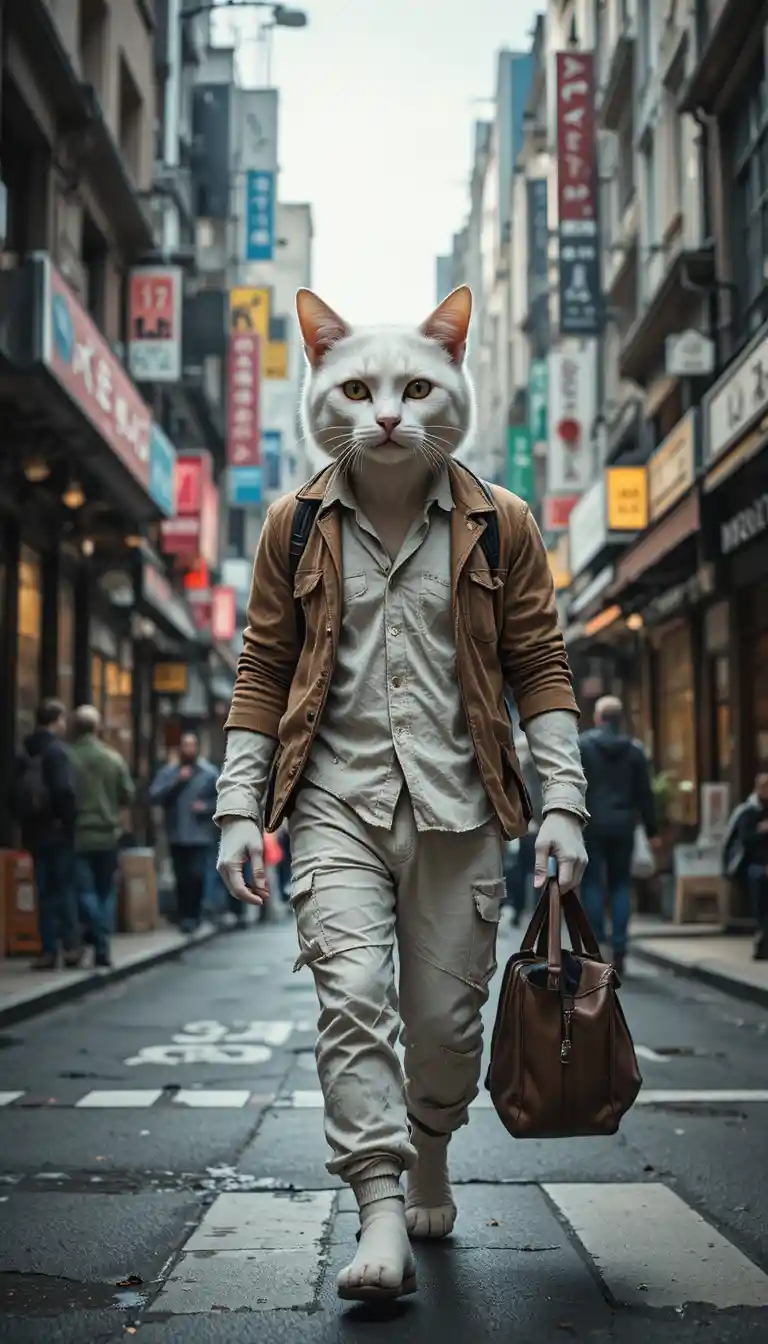 Gato blanco antropomórfico caminando por una concurrida calle de la ciudad