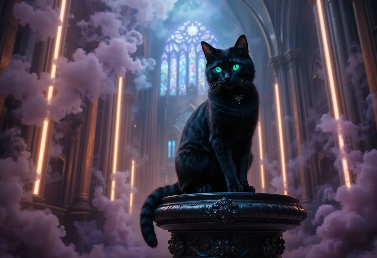 Black cat with emerald eyes in a neon gothic cathedral