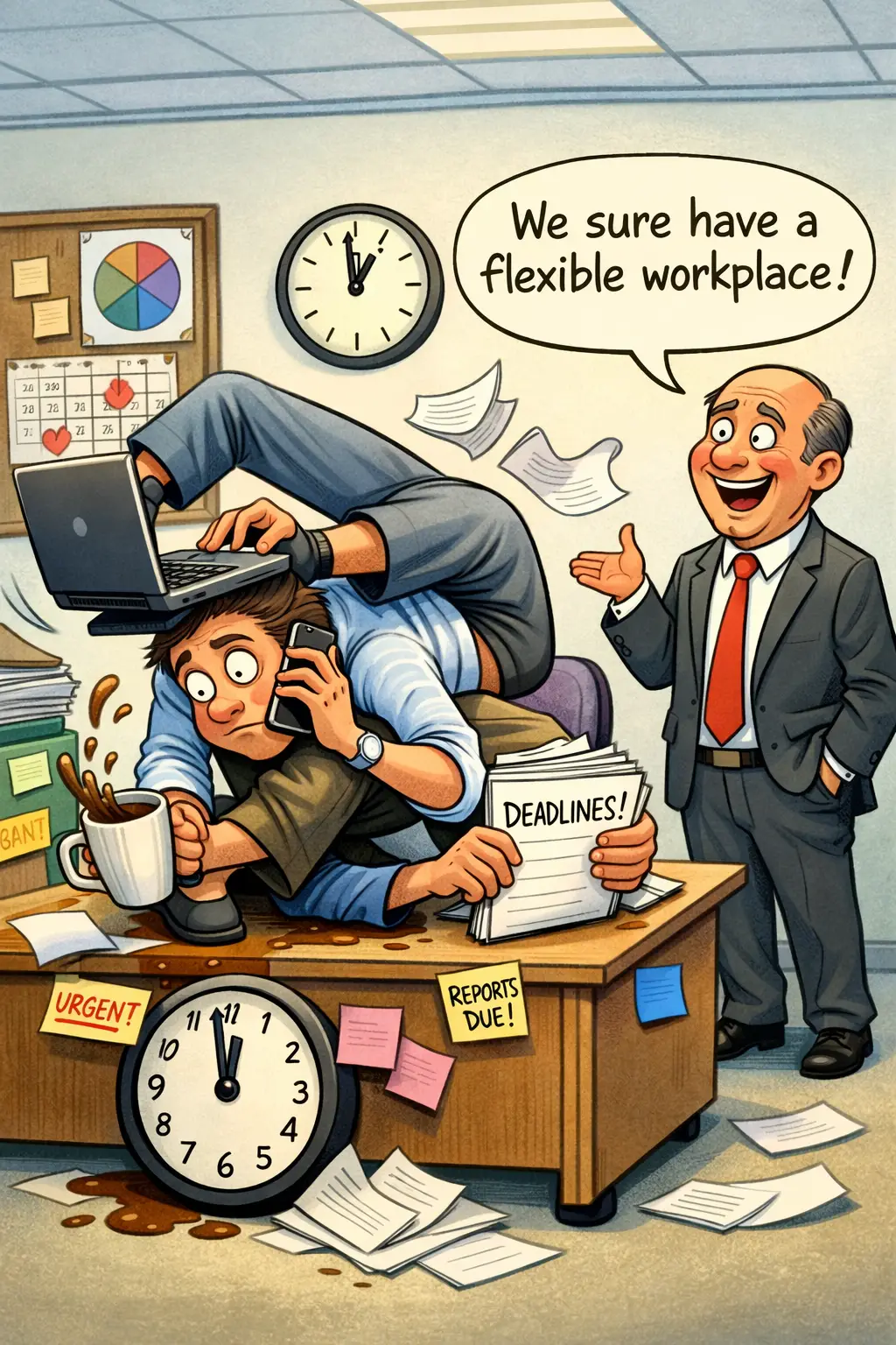 Office worker juggling tools in absurd corporate cartoon