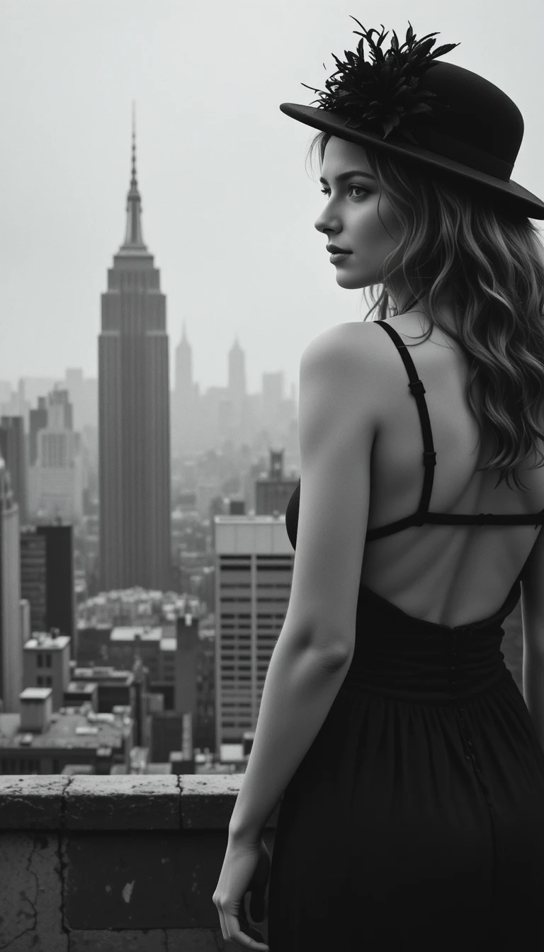 Rothaarige Frau im Profil auf nebligem New Yorker Dach