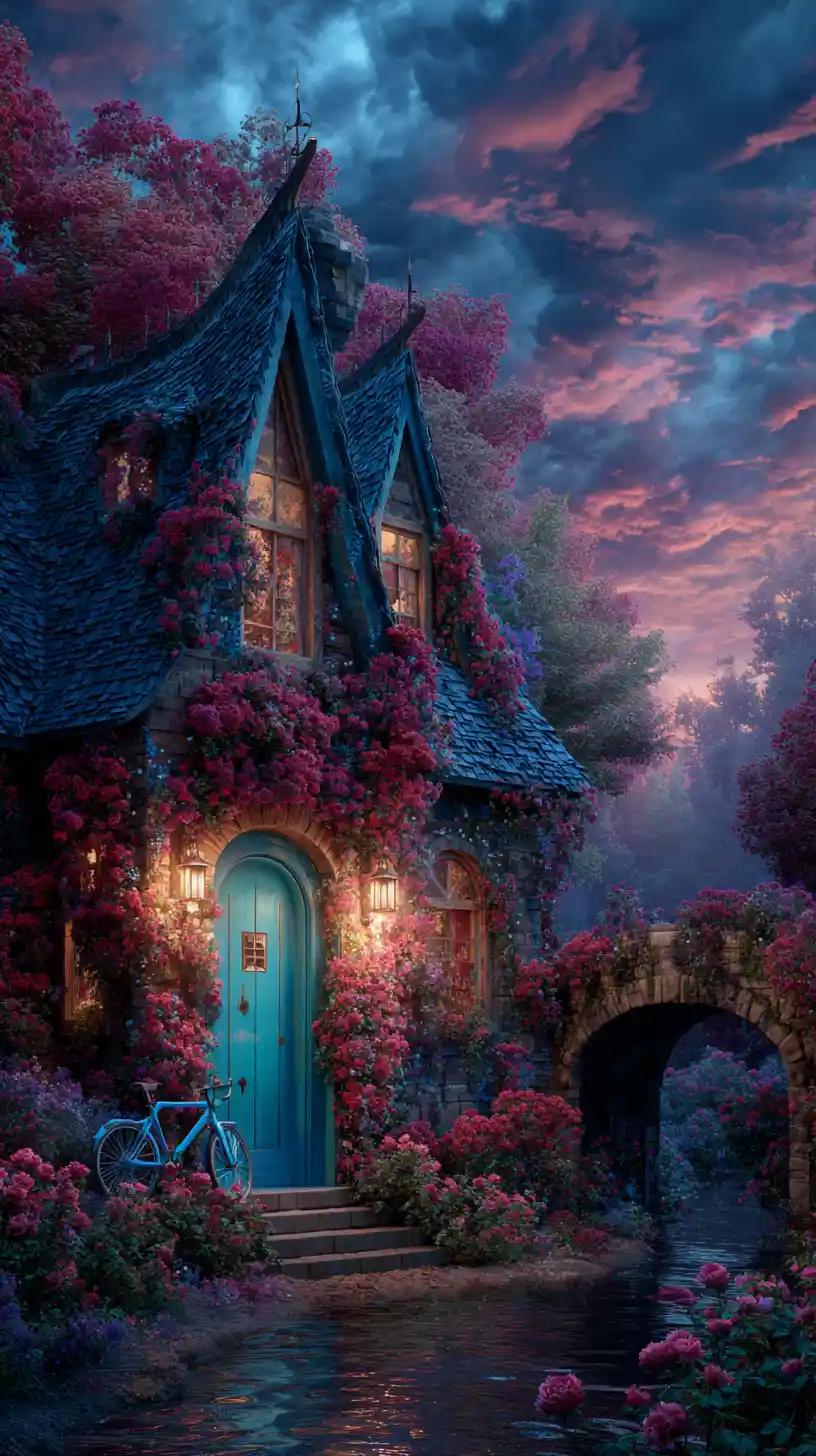 Fairy tale cottage by a reflective stream at twilight