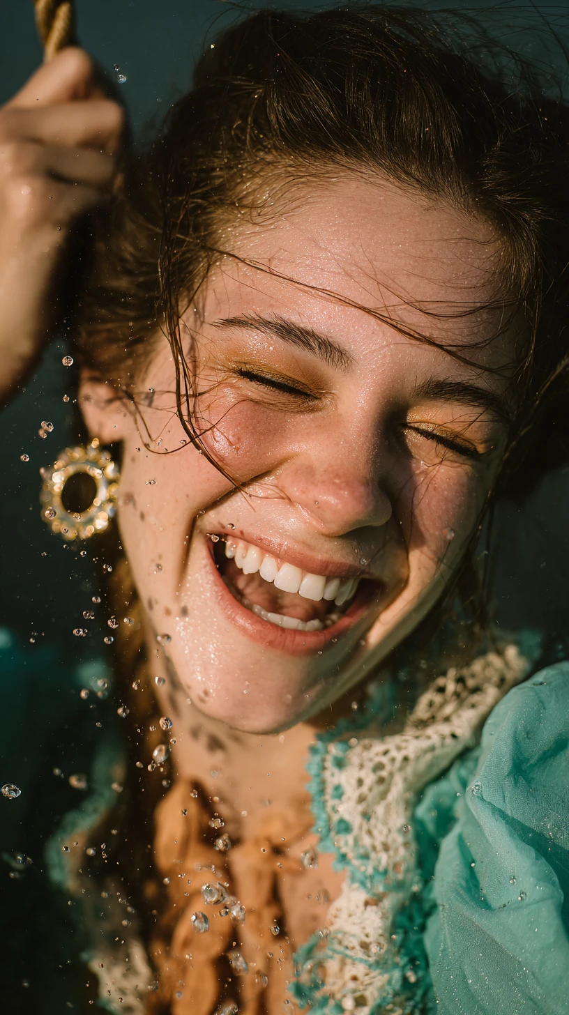 Laughing pirate woman gripping a mast rope at sea