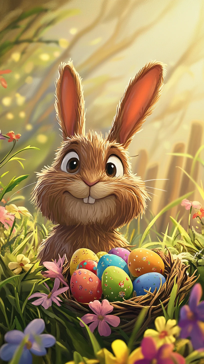 Playful rabbit hiding a colorful spring easter nest